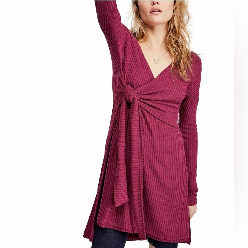 Free people midi tunic dress top blouse wrap tie slit large